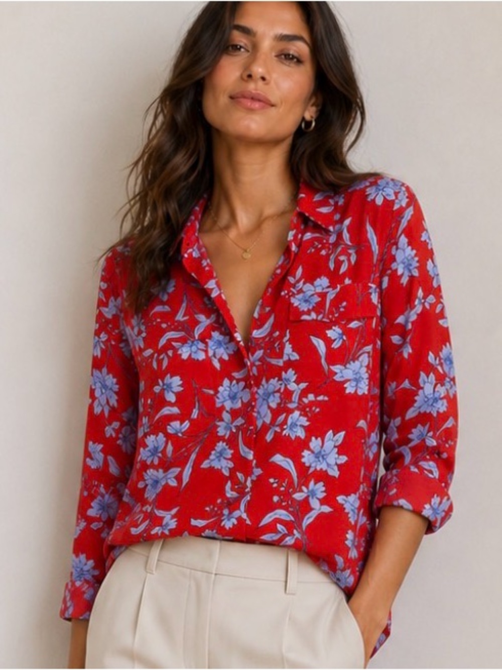 Ann Taylor Red Floral Button-Up Blouse with Blue Flowers